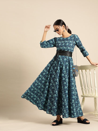 Women's Indigo Floral Printed Flared Dress With Round Neck & Three Quarters Sleeves