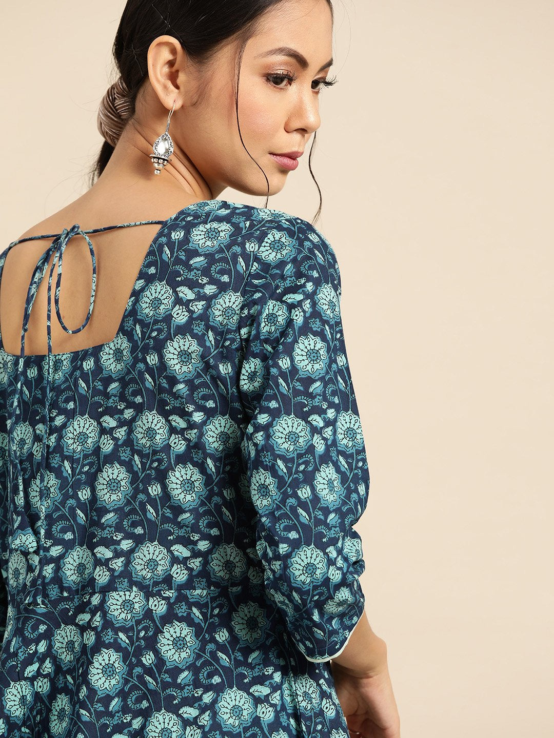 Women's Indigo Floral Printed Flared Dress With Round Neck & Three Quarters Sleeves