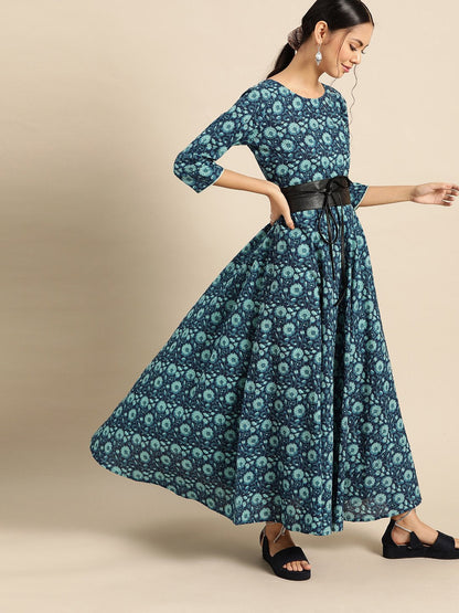 Women's Indigo Floral Printed Flared Dress With Round Neck & Three Quarters Sleeves