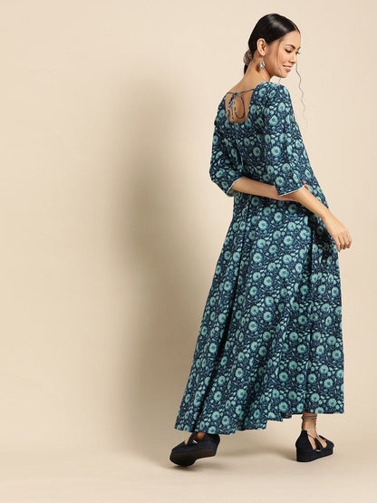 Women's Indigo Floral Printed Flared Dress With Round Neck & Three Quarters Sleeves
