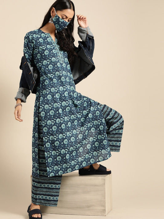 Women's Indigo Three-Quarter Sleeves Straight Kurta With Palazzo