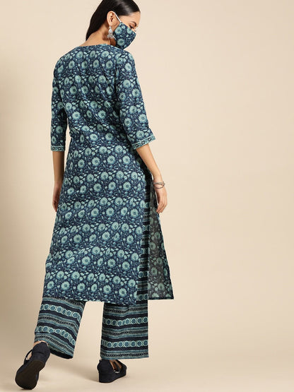 Women's Indigo Three-Quarter Sleeves Straight Kurta With Palazzo