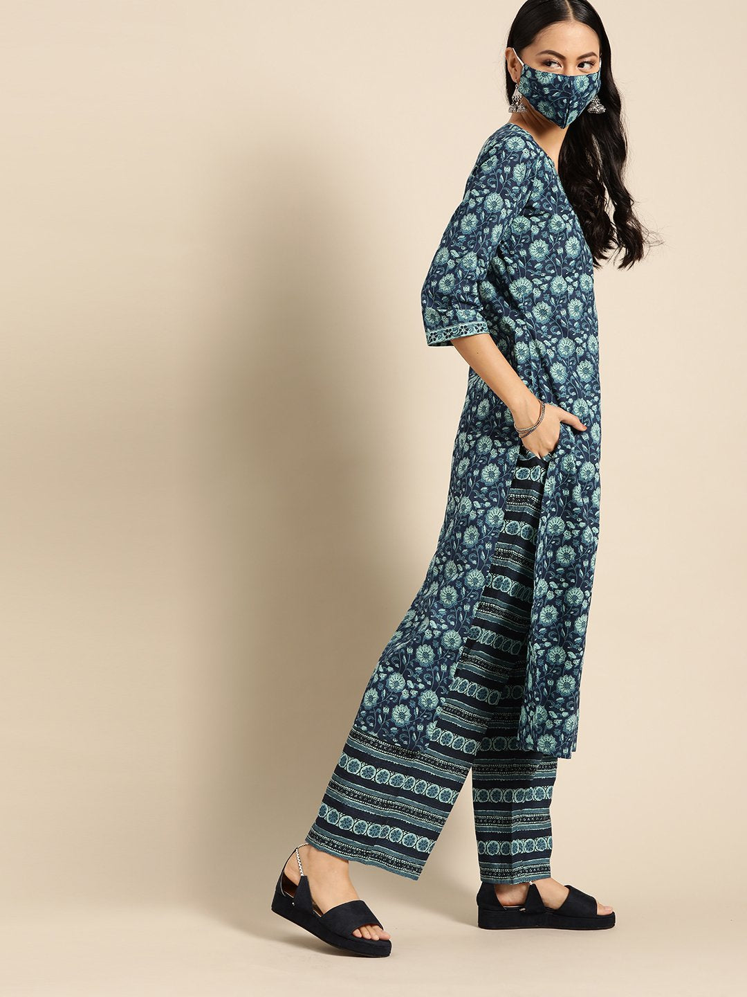 Women's Indigo Three-Quarter Sleeves Straight Kurta With Palazzo