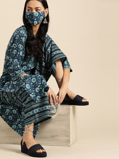 Women's Indigo Three-Quarter Sleeves Straight Kurta With Palazzo