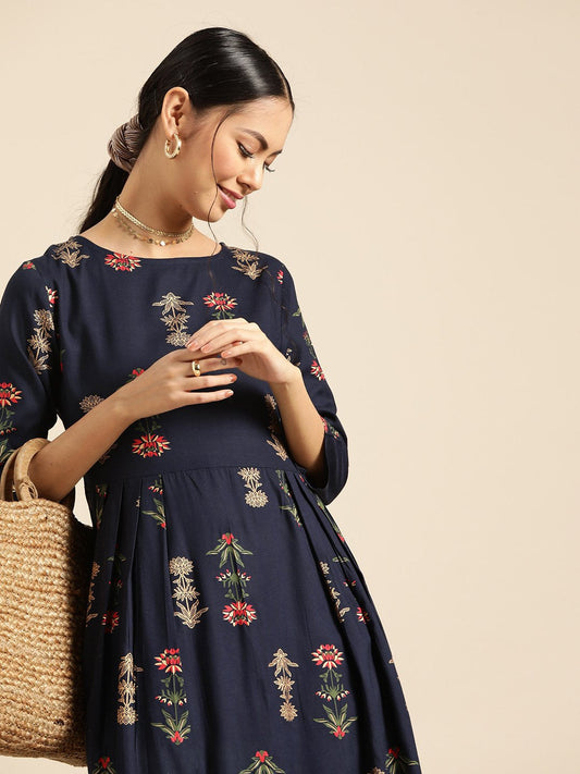 Women's Navy Blue Gold Printed Dress With Boat Neck & Three Quarter Sleeves