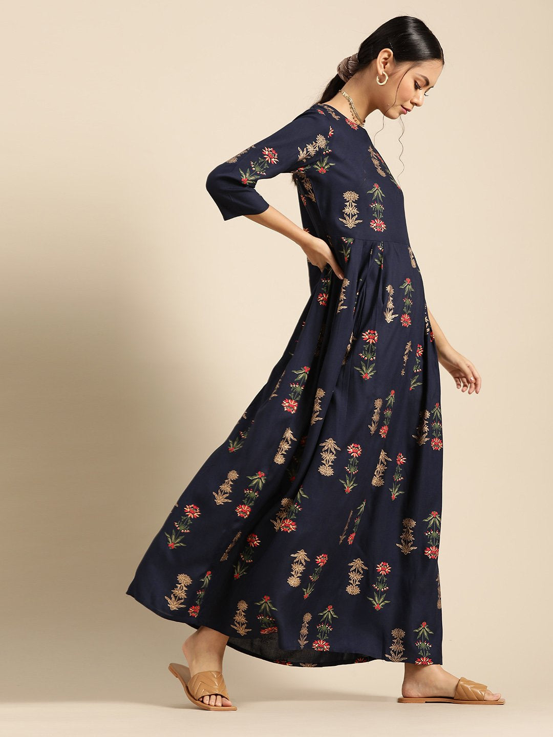 Women's Navy Blue Gold Printed Dress With Boat Neck & Three Quarter Sleeves
