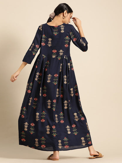 Women's Navy Blue Gold Printed Dress With Boat Neck & Three Quarter Sleeves