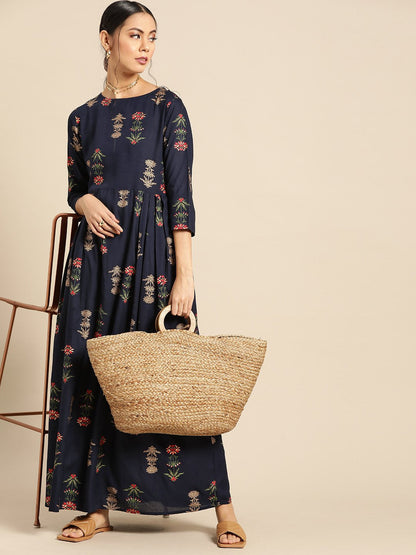 Women's Navy Blue Gold Printed Dress With Boat Neck & Three Quarter Sleeves