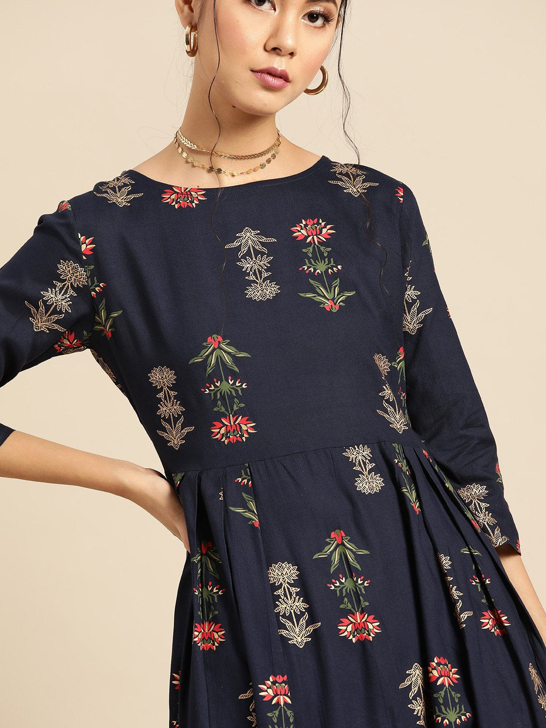 Women's Navy Blue Gold Printed Dress With Boat Neck & Three Quarter Sleeves