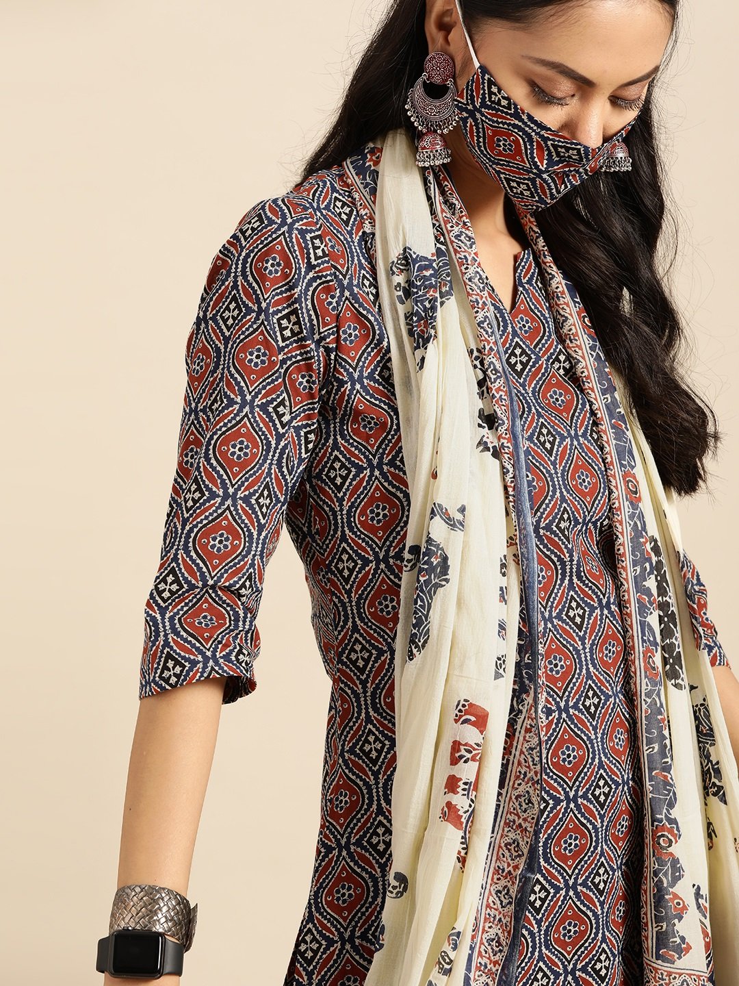Women's Red & Indigo Three-Quarter Sleeves Straight Kurta With Palazzo & Printed Dupatta