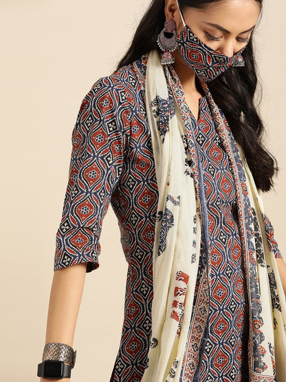 Women's Red & Indigo Three-Quarter Sleeves Straight Kurta With Palazzo & Printed Dupatta