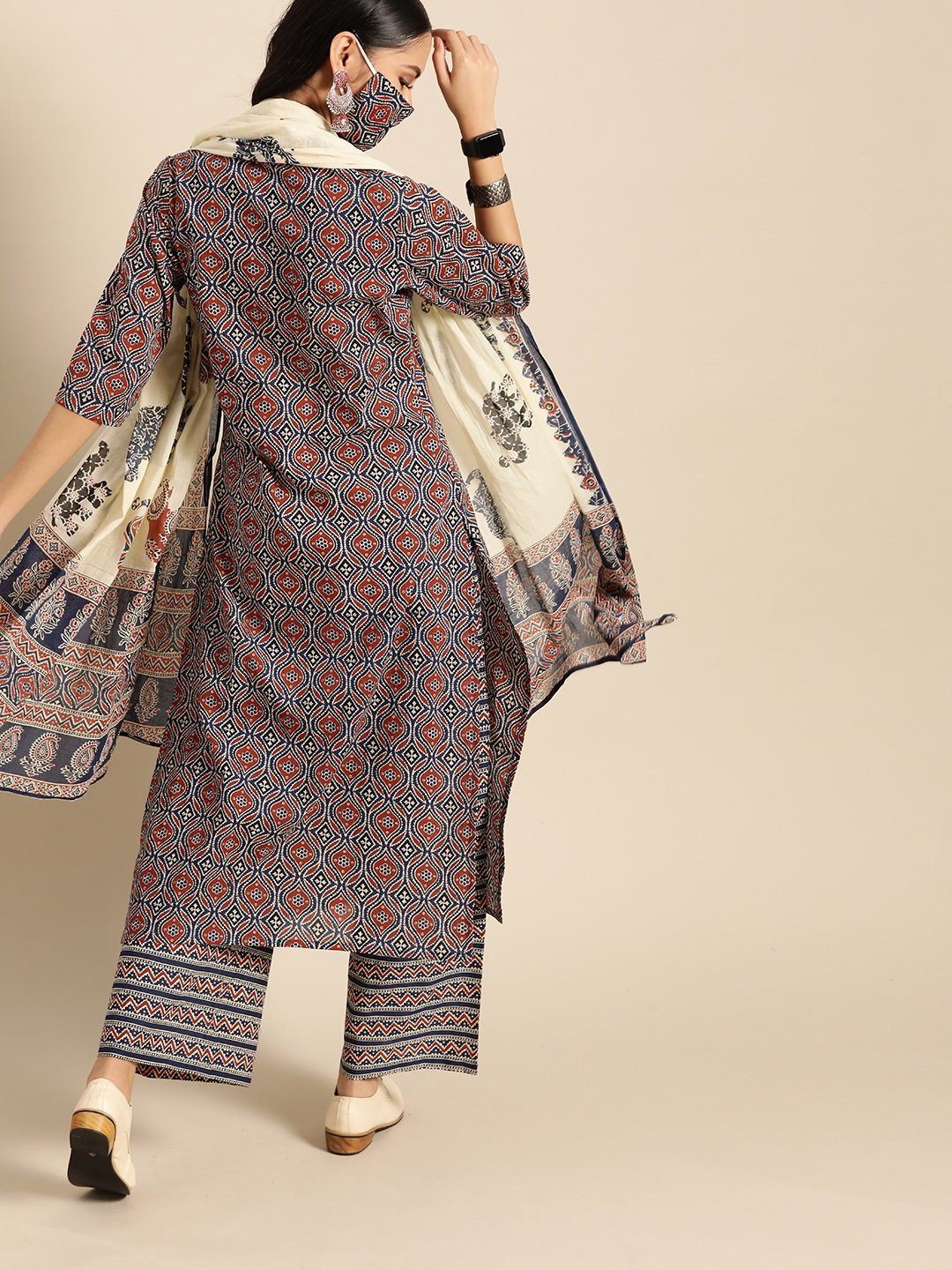 Women's Red & Indigo Three-Quarter Sleeves Straight Kurta With Palazzo & Printed Dupatta