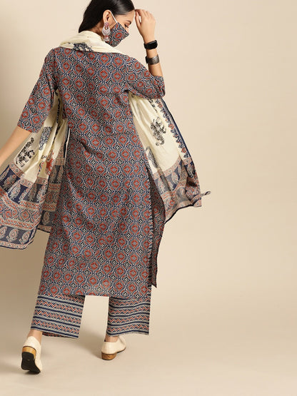 Women's Red & Indigo Three-Quarter Sleeves Straight Kurta With Palazzo & Printed Dupatta