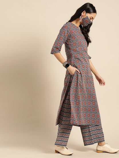 Women's Red & Indigo Three-Quarter Sleeves Straight Kurta With Palazzo & Printed Dupatta