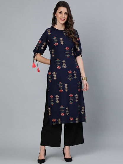 Women's Navy Blue Floral Printed Straight Kurta With Round Neck & Three Qauter Sleeves