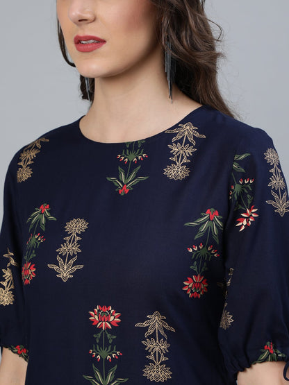 Women's Navy Blue Floral Printed Straight Kurta With Round Neck & Three Qauter Sleeves