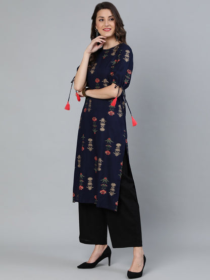 Women's Navy Blue Floral Printed Straight Kurta With Round Neck & Three Qauter Sleeves
