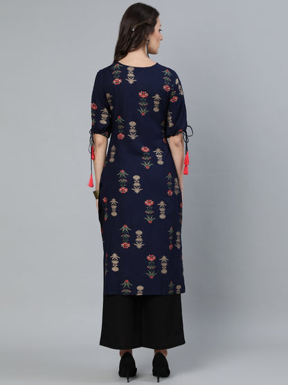Women's Navy Blue Floral Printed Straight Kurta With Round Neck & Three Qauter Sleeves