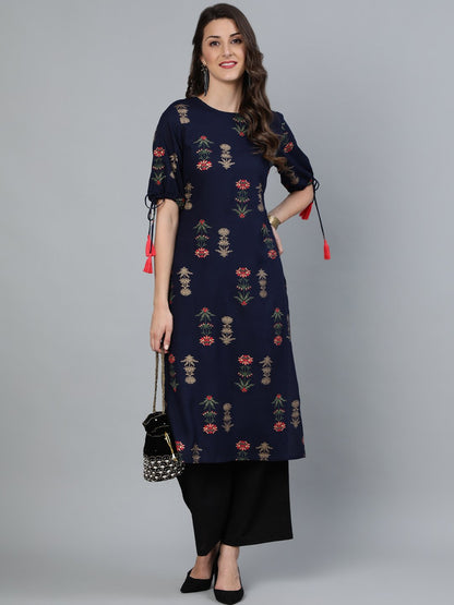 Women's Navy Blue Floral Printed Straight Kurta With Round Neck & Three Qauter Sleeves