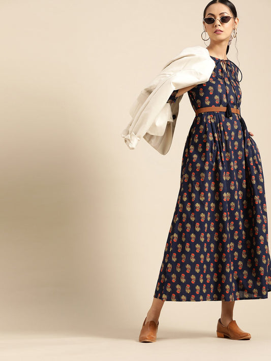 Women's Indigo Floral Printed Gathered Dress With Round Neck & Three Quarters Sleeves
