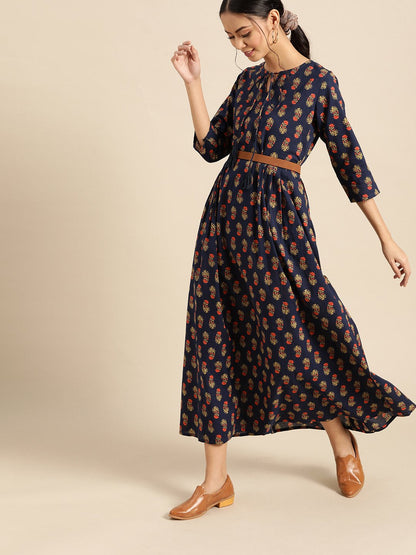 Women's Indigo Floral Printed Gathered Dress With Round Neck & Three Quarters Sleeves