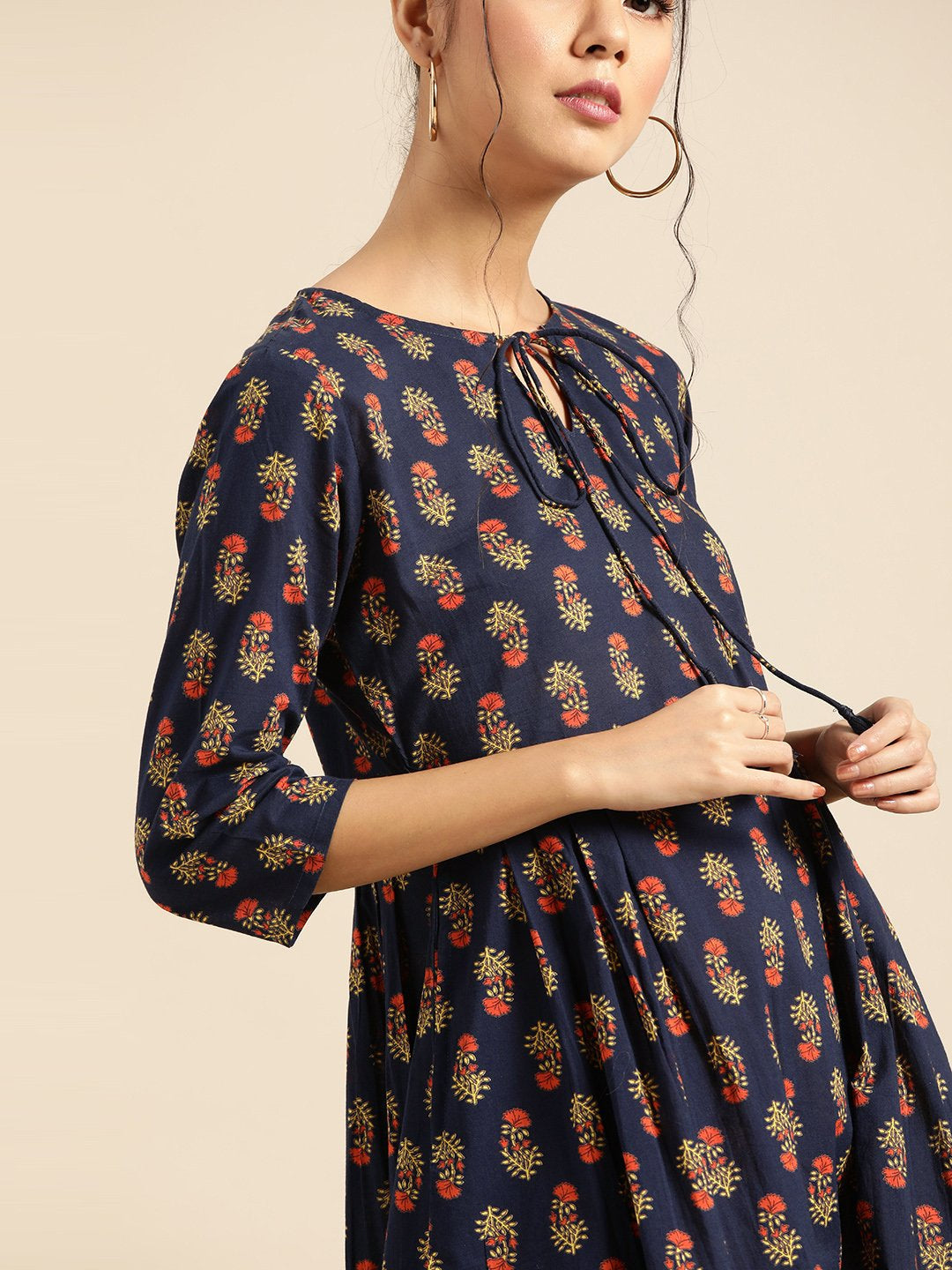 Women's Indigo Floral Printed Gathered Dress With Round Neck & Three Quarters Sleeves