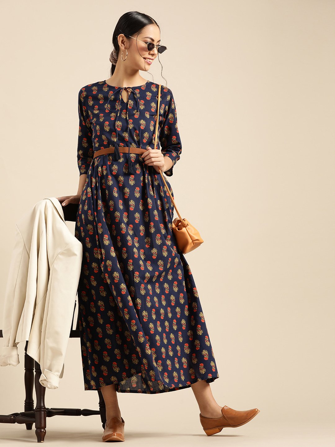 Women's Indigo Floral Printed Gathered Dress With Round Neck & Three Quarters Sleeves