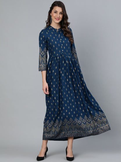 Women's Teal Blue Printed Maxi Dress With Three Quarter Sleeves
