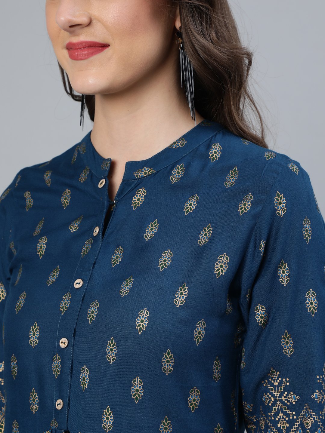 Women's Teal Blue Printed Maxi Dress With Three Quarter Sleeves