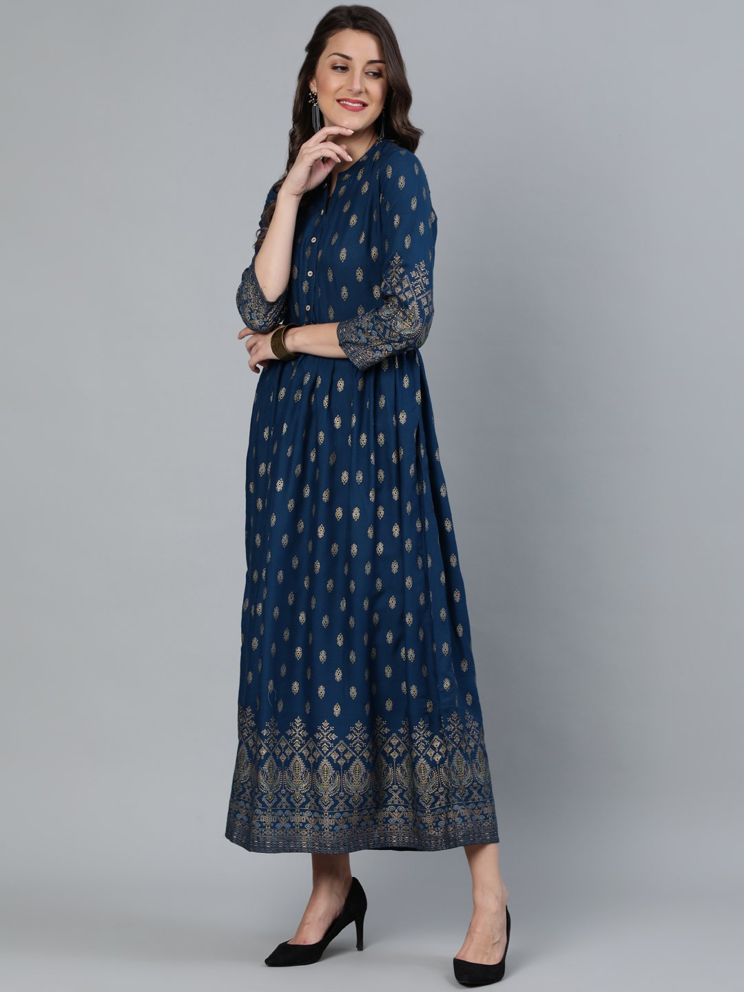 Women's Teal Blue Printed Maxi Dress With Three Quarter Sleeves