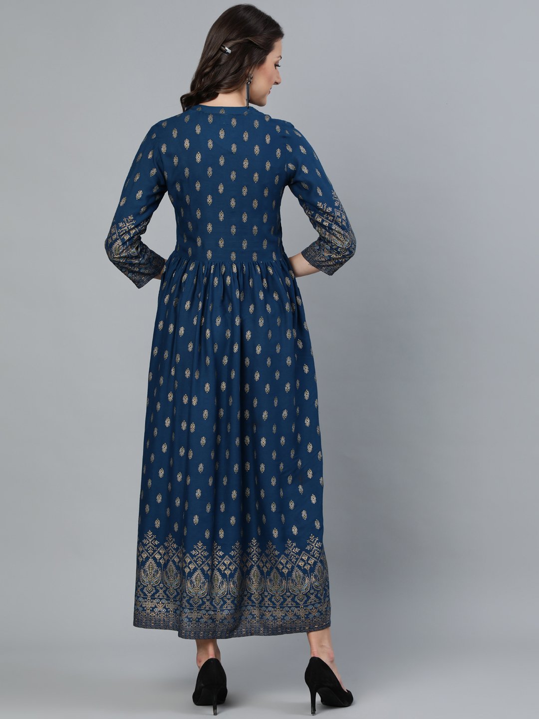 Women's Teal Blue Printed Maxi Dress With Three Quarter Sleeves