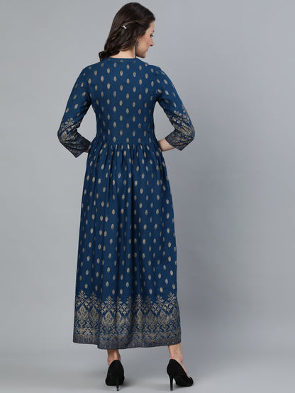 Women's Teal Blue Printed Maxi Dress With Three Quarter Sleeves