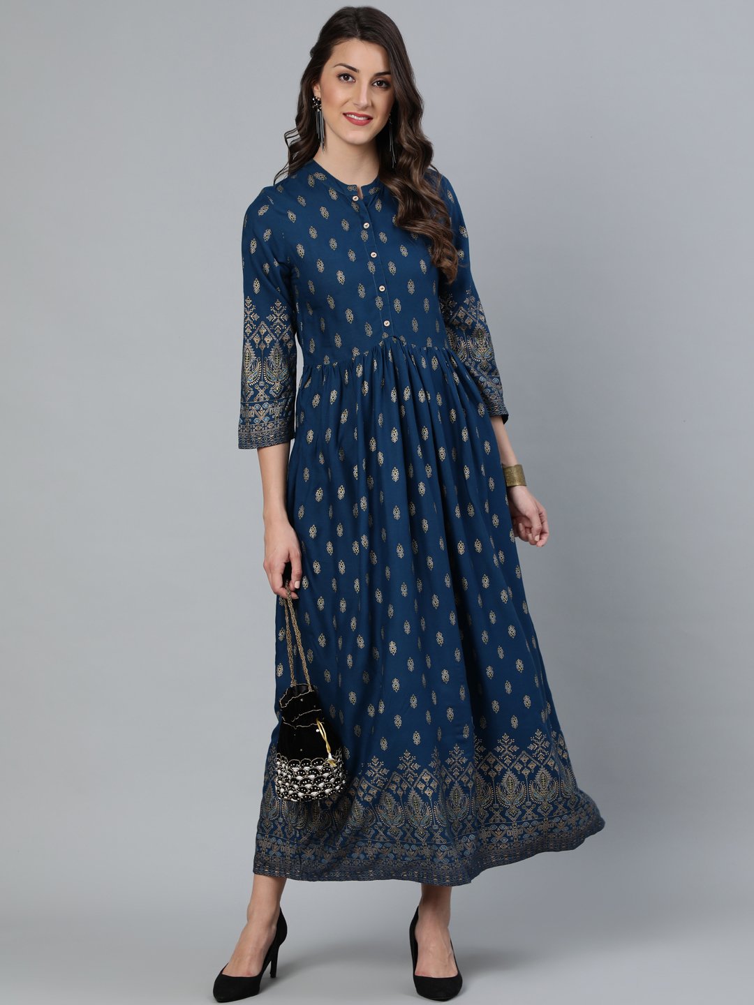 Women's Teal Blue Printed Maxi Dress With Three Quarter Sleeves