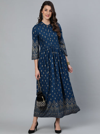 Women's Teal Blue Printed Maxi Dress With Three Quarter Sleeves