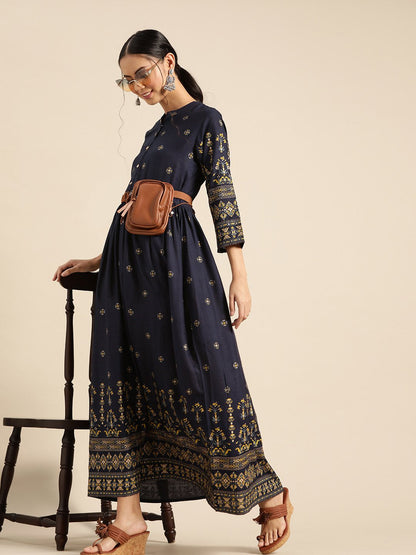 Women's Navy Blue & Gold Ethinic Printed Dress With Mandarin Collar & Three Quarter Sleeves