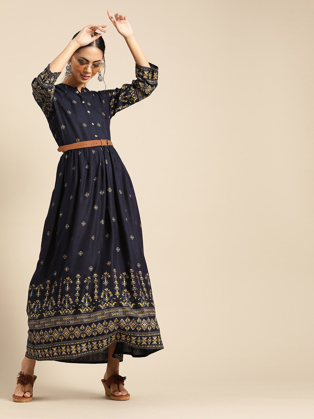 Women's Navy Blue & Gold Ethinic Printed Dress With Mandarin Collar & Three Quarter Sleeves