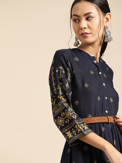 Women's Navy Blue & Gold Ethinic Printed Dress With Mandarin Collar & Three Quarter Sleeves