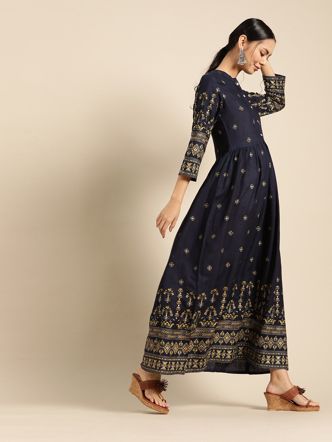 Women's Navy Blue & Gold Ethinic Printed Dress With Mandarin Collar & Three Quarter Sleeves