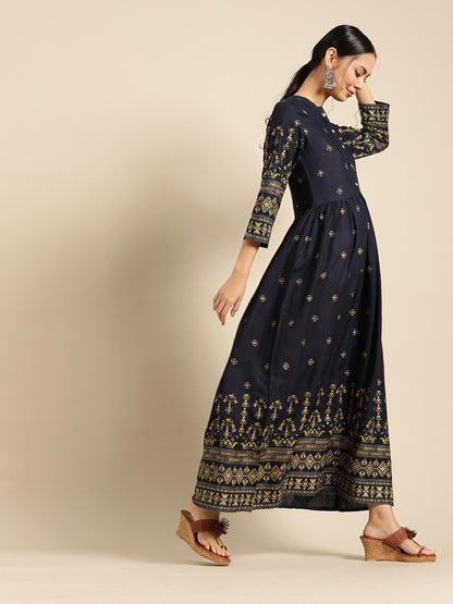 Women's Navy Blue & Gold Ethinic Printed Dress With Mandarin Collar & Three Quarter Sleeves