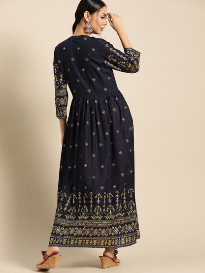 Women's Navy Blue & Gold Ethinic Printed Dress With Mandarin Collar & Three Quarter Sleeves