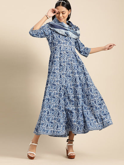 Women's Indigo Floral Printed Flared Round Neck Dress With Three Quarters Sleeves  & Dupatta