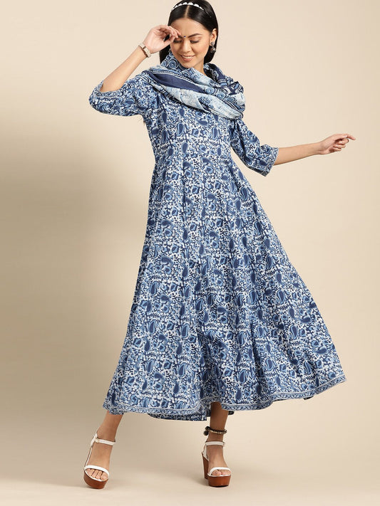 Women's Indigo Floral Printed Flared Round Neck Dress With Three Quarters Sleeves  & Dupatta
