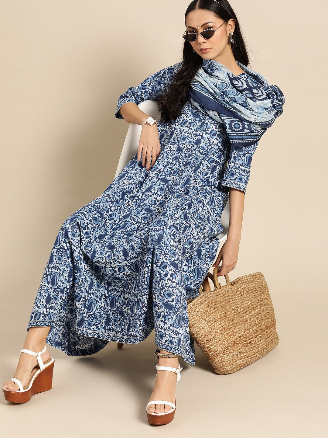 Women's Indigo Floral Printed Flared Round Neck Dress With Three Quarters Sleeves  & Dupatta