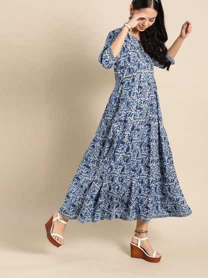 Women's Indigo Floral Printed Flared Round Neck Dress With Three Quarters Sleeves  & Dupatta