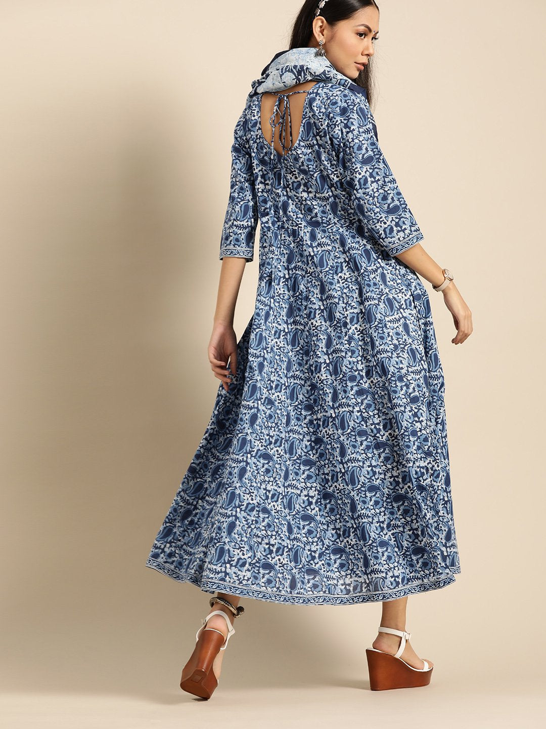 Women's Indigo Floral Printed Flared Round Neck Dress With Three Quarters Sleeves  & Dupatta