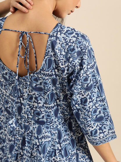 Women's Indigo Floral Printed Flared Round Neck Dress With Three Quarters Sleeves  & Dupatta