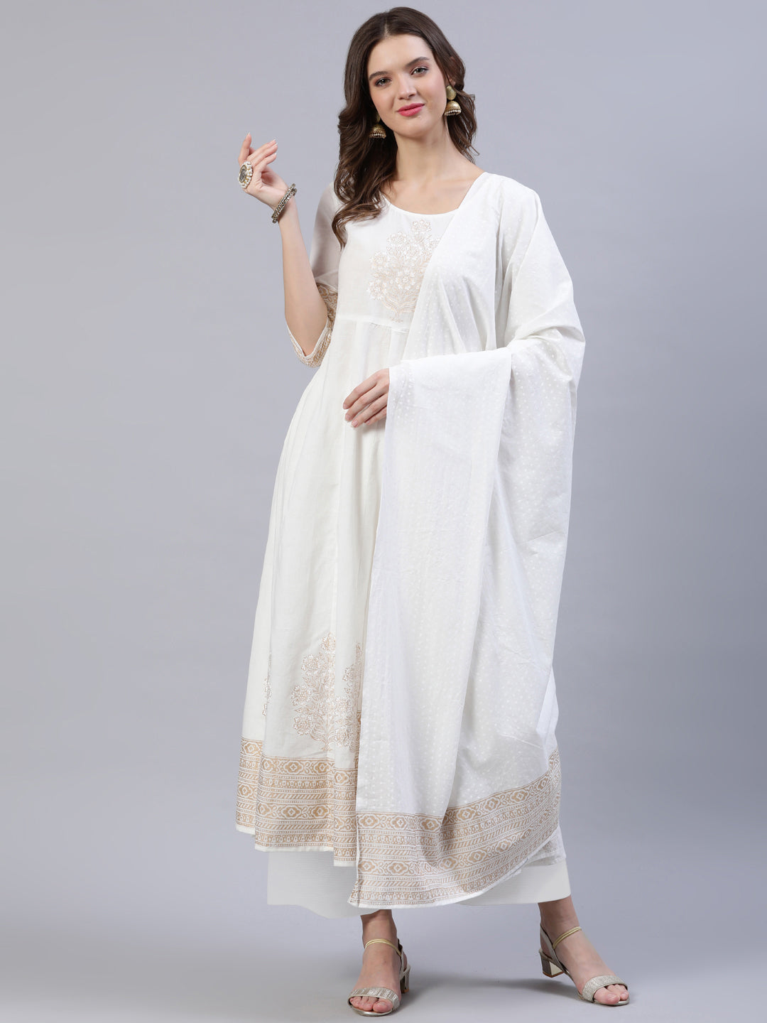 Women's Off-White Block Printed Anarkali Kurta With Palazo & Dupatta