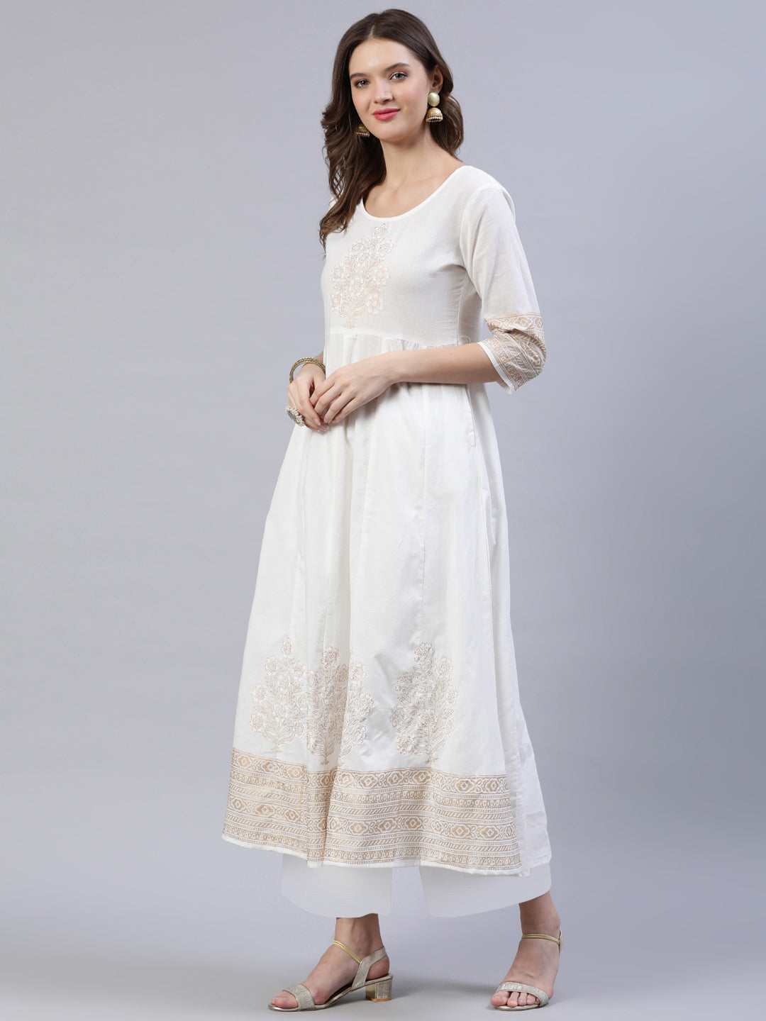 Women's Off-White Block Printed Anarkali Kurta With Palazo & Dupatta