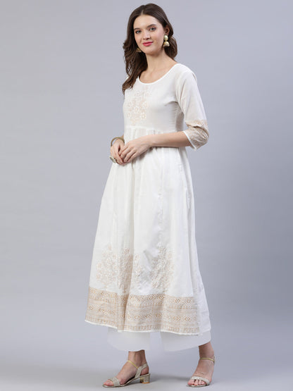 Women's Off-White Block Printed Anarkali Kurta With Palazo & Dupatta