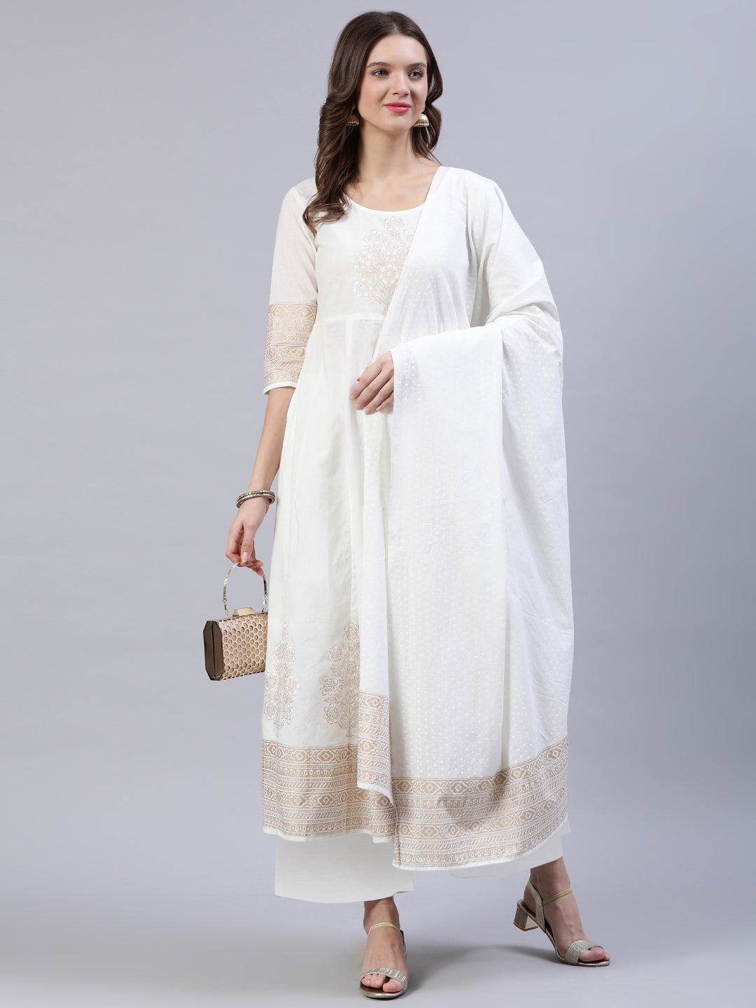 Women's Off-White Block Printed Anarkali Kurta With Palazo & Dupatta